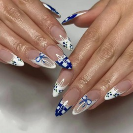 MERVF Almond Press on Nails Medium Fake Nails White French Tip Glue ons Bow Blueberry Design Nail Checkered Stiletto Acrylic Supplies DIY Manicure Glossy 24pcs