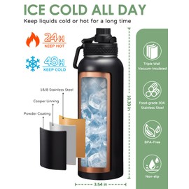 40 oz Insulated Water Bottle with Straw & Spout Lids, Paracord Handle, Bottle Holder with Strap, 40 oz Stainless Steel Water Bottle Cold for 48H, Vacuum Metal Thermal Flask for Work Travel