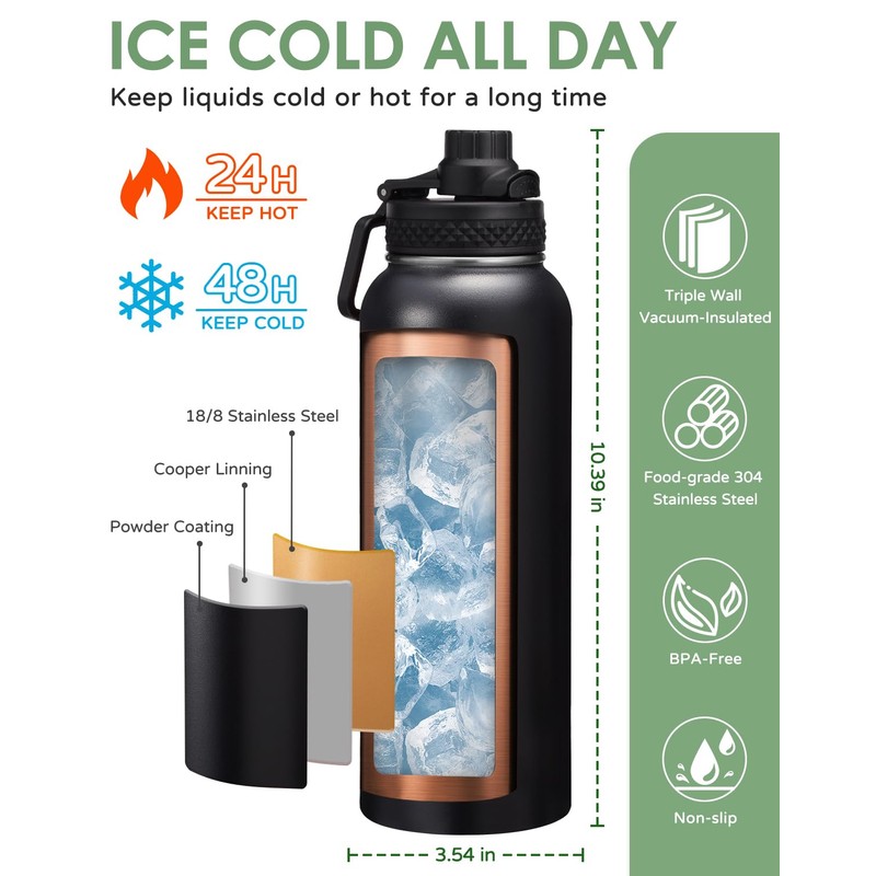 40 oz Insulated Water Bottle with Straw & Spout Lids,