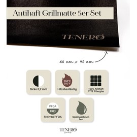 TENERO Grill Mat, Set of 5, 40 cm x 33 cm, Grill Mats for All Grills, Reusable Baking Paper