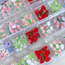 12 Grid Mixed Resin Food Nail Charms 3D Biscuit Donut Ice Cream Nail Art Charms Colorful Cute Nail Art Accessories Designs Flat Nail Supplies for Women Manicure DIY Decorations (Strawberry)