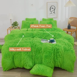 XeGe Plush Faux Fur Duvet Cover Queen Size, Luxury Shaggy Fluffy Lime Green Comforter Cover 1 PC, Soft Furry Fuzzy Velvet Bedding with Zipper Closure for Bedroom (Queen, Lime Green)