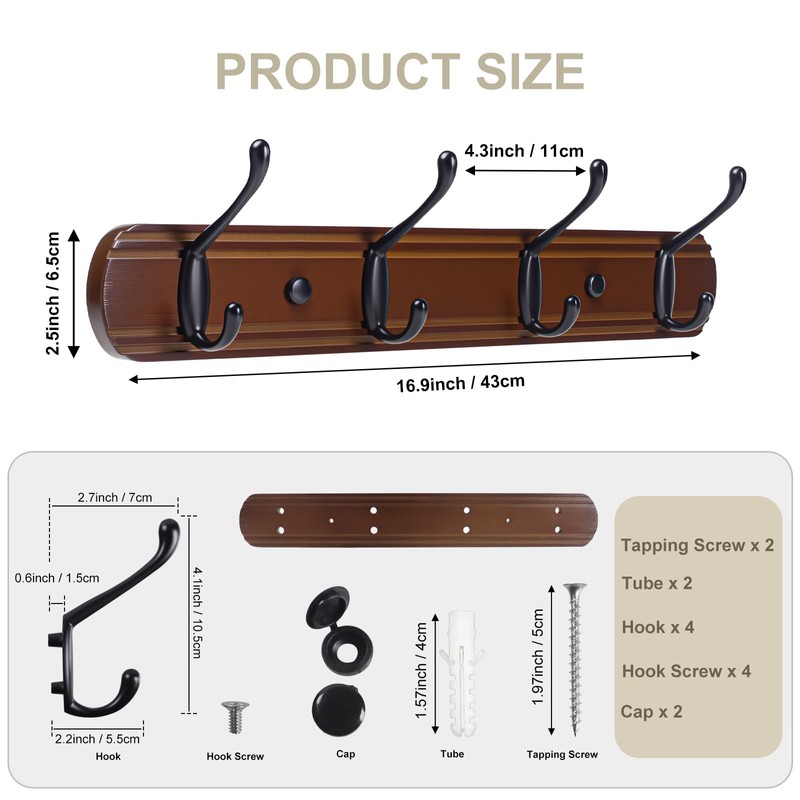 Yundoza Coat Hooks Wall Mount, Wood Bamboo Wall Coat Rack