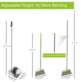 Heavy Duty Broom and Dustpan Set, Mental Dustpan with Outdoor Broom,Stiff Bristles Broom with Stand Up Dustpan for Hardwood Patio Floor Sweeping