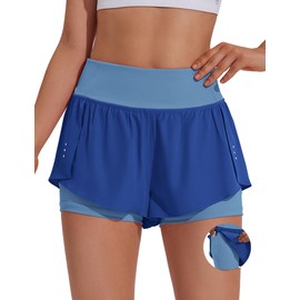 PINSPARK - Pantalones cortos deportivos 2 en 1 para mujer, pantalones cortos para correr, cintura alta, para gimnasio, entrenamiento, con bolsillos laterales, Azul, Large