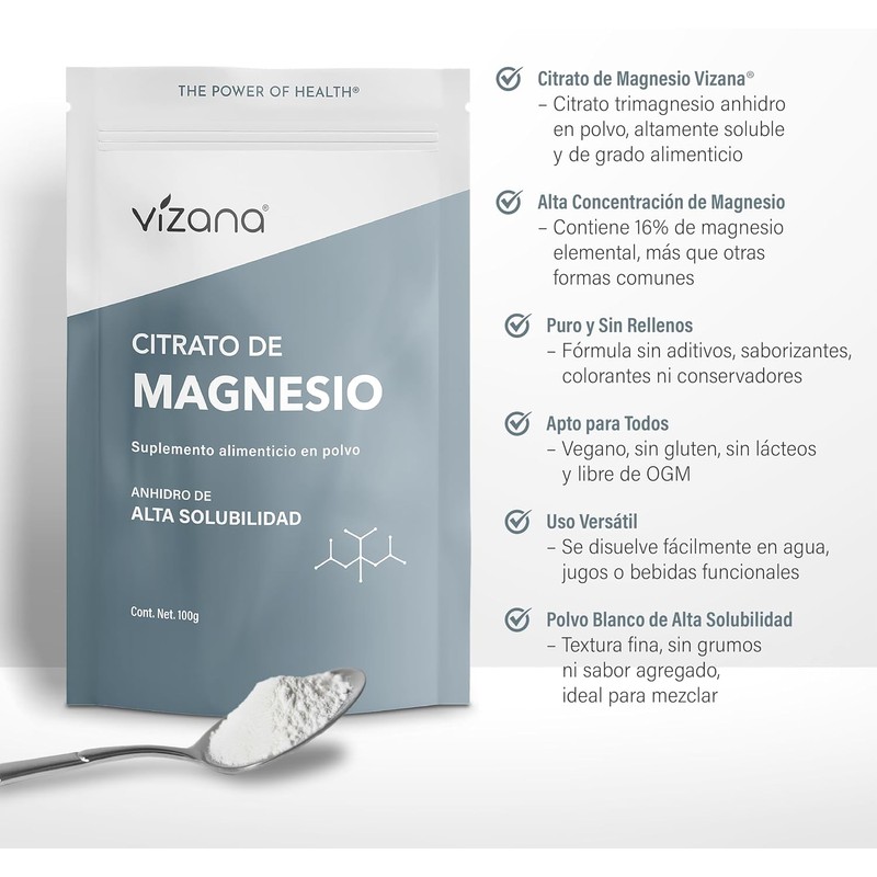 VIZANA NUTRITION Citrato de Magnesio en Polvo (Trimagnesio Citrato Anhidro)