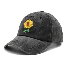 Women's Sunflower Hat, Adjustable Washed Embroidery Vintage Baseball Cap Black