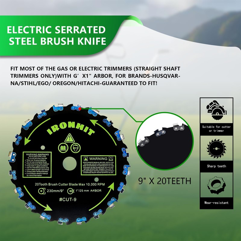 IRONHIT 9" x 20T Chainsaw Tooth Brush Cutter Blades, 9"