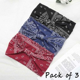 Aceorna Boho Bandeau Headbands Wide Knot Hair Scarf Floral Printed Hair Band Elastic Turban Thick Head Wrap Stretch Fabric Cotton Head Bands Thick Fashion Hair Accessories for Women 3 Pcs (Elegant)