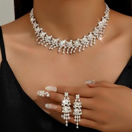 JWICOS Silver Wedding Necklace Earrings Bride Jewelry Set for Women Necklace Dangle Earrings Set Accessories for Women and Bridesmaids (Style 1)