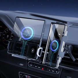 SUANES In-Car Wireless Charger, In-Car Holder, 15W Rapid Charging, Smartphone Holder, Car, Wireless Charging, Intelligent Telescopic Clamp, 90° Auto-Rotation, Dual Coil, 15W, Qi Rapid Charger, Easy