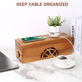 Wood Cable Management Box - 15.8" (L) x 6" (W) 5.5" (H) Acacia Wood Cable Hider Box, Cord Hider with Magnet Design & Outlet Hole, Power Strip Surge Protect & Organizer for Home Office Kitchen TV Wires