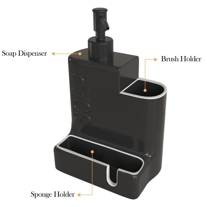 Karisky Soap Dispenser with Sponge Holder and Brush Holder, Ceramic