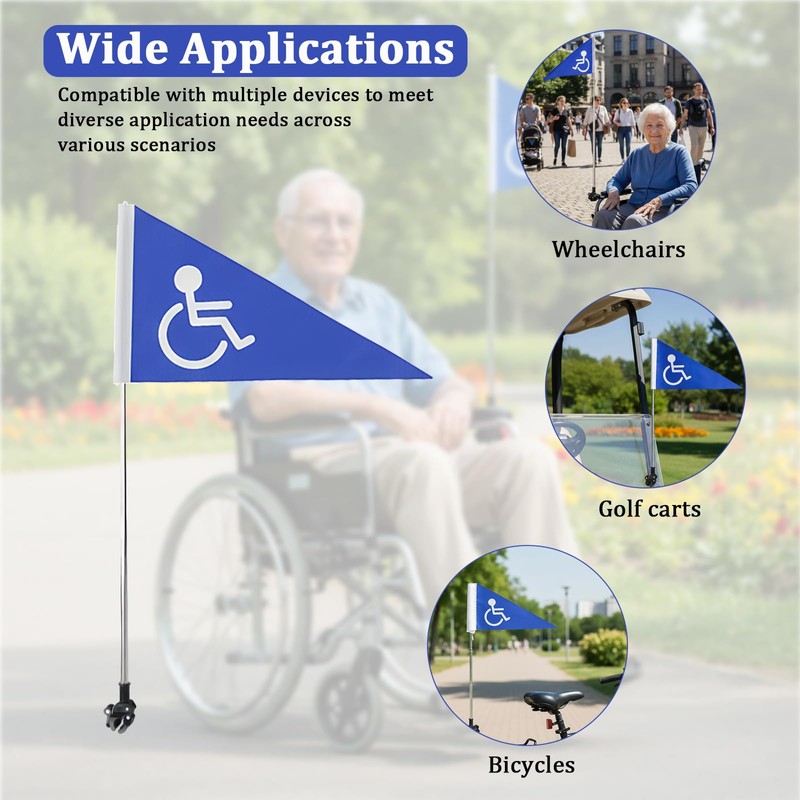 Wheelchairs Safety Flag with 5.3ft Retractable Flagpole and Sturdy Clamp,