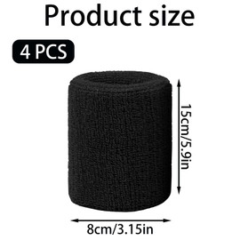 4 Pcs Extended Sweat Wristbands, 15cm Premium Cotton & Spandex Gym Sweat Wristbands, Breathable Moisture-Wicking for Tennis/Running, Unisex Sports Sweat Bands for Men & Women (Black)