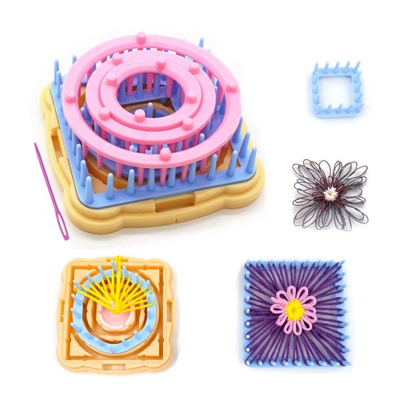 Flower Loom Kit, Round Knitting Loom Set with 1 Plastic Needles for Flower Weaving Loom Knitting Machine Accessories, 9 Pieces Knitting Looms Set Round/Square Knitting Loom Craft Kit Multi Colour (A)