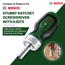 Bosch Stubby Ratchet Screwdriver with Bit Magazine, 6-Piece (Compact High Torque Ratchet Screwdriver, 6 Bits - PZ1/2, PH2, SL4, TX25, HEX5; Ergonomic; Magnetic Bit Holder)