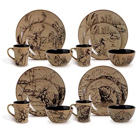 TRP 16 Piece Brown Rustic Stoneware Dinnerware Set, Country Animal Nature Themed Design, Resistant to Breakage, Durable for 4, Dinner/Salad Plates, Soup Bowl & Mugs