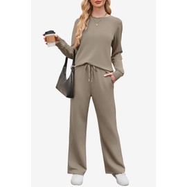 WIHOLL 2 Piece Sets for Women Fall Fashion 2025 Travel Vacation Airport Outfits for Airplane Going Out Comfy Matching Women's Clothing Petite Lounge Sets Winter Active Track Suits Light Coffee S
