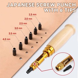 Yakamoz Japanese Screw Punch with 6 Tips (1.5-4.0mm) - Semi-Automatic Screw Hole Punch Tool Wooden Handle Adjustable Leather Hole Punch for Leather Craft Belts Watch Bands Bags