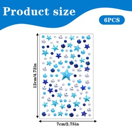 6 Sheets Blue Face Gems, Star Rhinestone Gems Self-Adhesive Body Gem Independence Day Jewels Stickers Face Diamonds for Women Eyes Cheeks Nails Hair Body Festival Makeup
