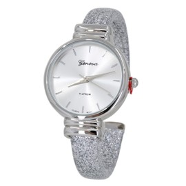 Blekon Collections Women's Analog Quartz 31mm Case Sparkling Glitter Designed Leather Cuff Bangle Ladies Wrist Watch (Silver)