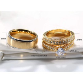 Ringheart 2 Rings His and Hers Couple Rings Bridal Sets Yellow Gold Filled Heart Cz Womens Wedding Ring Sets Tungsten Carbide Man Wedding Bands