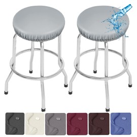 Stool Covers Round,2 Pack Stretch Waterproof PU Round Bar Stool Covers Removable Bar Stool Seat Covers Washable Bar Stool Covers Round Barstool Covers with Elastic Bands for 13-18 Inch Lighjt Gray