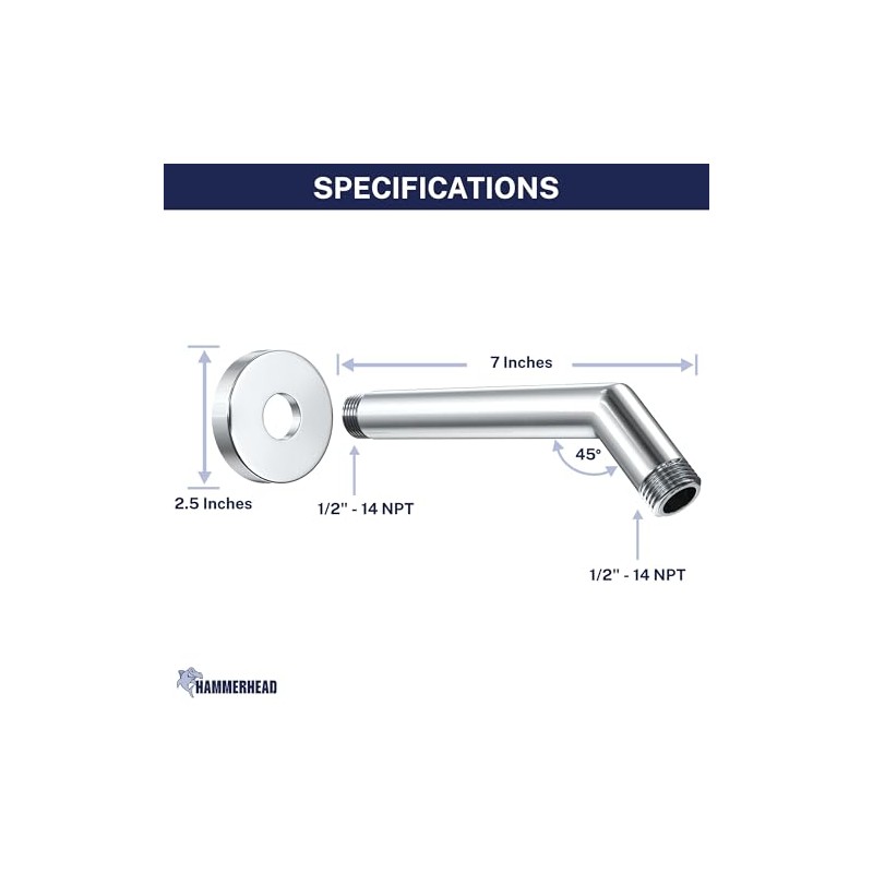 HammerHead® Solid Metal Shower Arm and Flange - 7.5 Inch