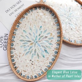 14.5 Inch Serving Tray for Coffee Table Ottoman Décor Tray for Living Room Mother of Pearl Inlay Rattan Centerpiece Tray for Candle Holder, Flower, Coffee, Bread, Fruit (Large)