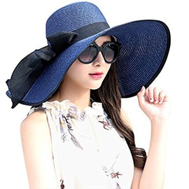 DRESHOW Womens Big Bowknot Straw Hat Floppy Foldable Roll up Beach Cap Sun Hat UPF 50+
