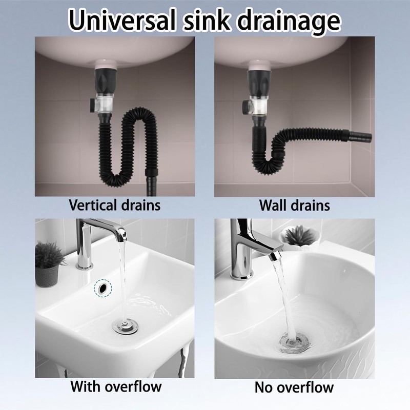 Sink Drain with Flexible Drain Hose, Odour-Proof and Leak-Proof Drain