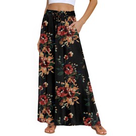 DB MOON Womens Maxi Skirt 2025 Summer Casual Flowy Elastic High Waist Long Skirts with Pockets(Brown Floral Black,M)