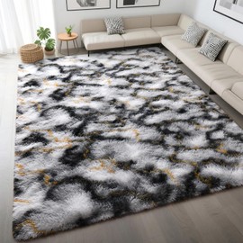 DweIke Fluffy Black White Gold Rugs for Bedroom Living Room, 5x8 Large Soft Plush Shaggy Tie-Dyed Girls Boys Kids Rug, Upgraded Non-Slip and Machine Washable Carpet for Dorm Nursery Classroom Decor