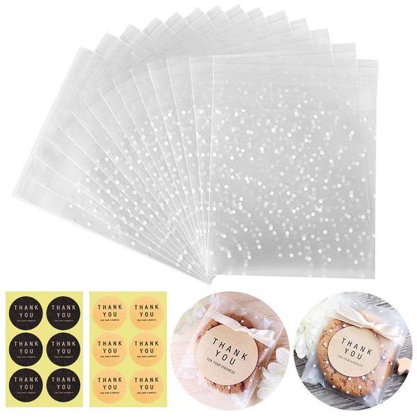 Self Sealing Cookie Bags Cellophane Treat Bags, Searik White Polka Dot Party Pastry Candy Bags For Cookie Wedding Party Gift Giving 100 Bags with 100 Thank You Labels (5.5 x 5.5 inches, 100 Pcs)