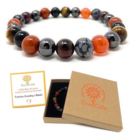 Protection, Grounding and Balance Bracelet - Crystal Gemstone Bracelet - Gift Box and Tag - Garnet, Magnet Hematite, Jasper, Carnelian, Snowflake Obsidian, Black Onyx