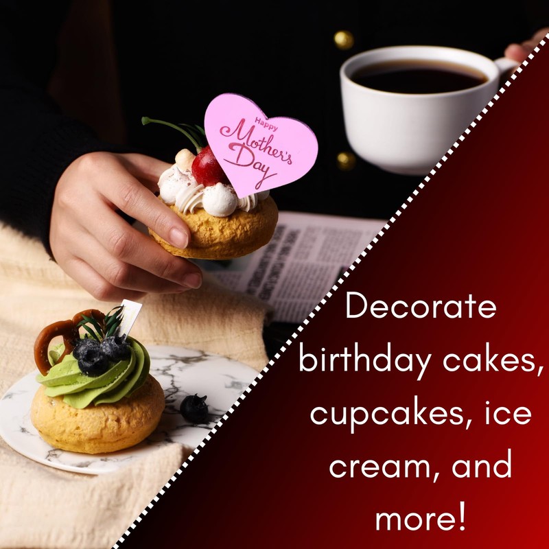 6x Mother's Day Acrylic Cupcake Toppers - Heart Shaped Gold