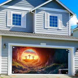 Fabric Resurrection of Jesus Christ Garage Door Background Empty Tomb Three Crosses Holy-Light Sunset on Mountain Bible Pray Background Christian Religious Church Party Decor Banner 16X7FT
