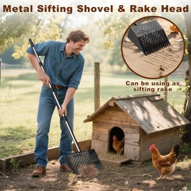 OJLUOJ Metal Chicken Poop Scooper & Rake Scoop 10" Metal Chicken Coop Rake with Assistanted Handle Grip Heavy Duty Scoop Tool Adjustable Long Handle (36 to 62") for Coops Farm Animals