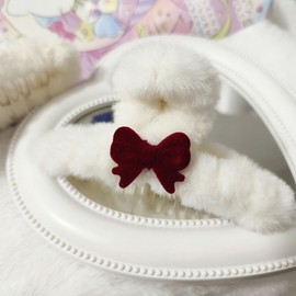 Cute Burgundy Flocked Bow Plush Hair Clip for Autumn/Winter - Free Size Back Hair Accessory Polacle 20ea