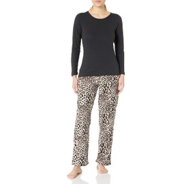 Cherokee Women's Pajama Set, Long Sleeve Cotton Top & Micro Fleece Pants, Soft & Cozy Loungewear, Leopard, L