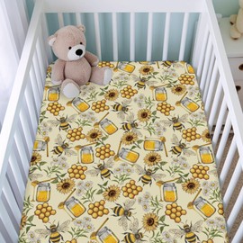 Retro Honey Bees Sunflowers Baby Crib Sheets for Girl Boy 52"x28" Vintage Bees Daisy Floral Soft Breathable Baby Crib Mattress Cover Summer Baby Bed Sheets Fits Standard Crib and Toddler Mattress