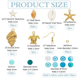 PH PandaHall 354pcs Blue Glass Beads Charms for Bracelet, 8mm Glass Beads Pearl Beads Turquoise Starfish Beads Shells Gold Marine Charms with Findings for Earring Bracelet Necklace Jewelry Making