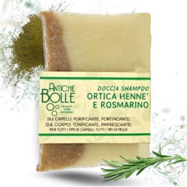Antiche Bolle - Dusch-Shampoo, fest, 100 % natürlich mit Brennnessel, Henna und Rosmarin, für alle Haut- und Haartypen - feuchtigkeitsspendend, belebend und stärkend - 100 g