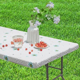 gonfaci 1 Pcs 6 Ft Elastic Fitted Edge Table Cover Rectangle Vinyl Outdoor Table Cover Waterproof Washable Reusable Tablecloth for Kitchen Dining Picnic Party, Cyan Daisy