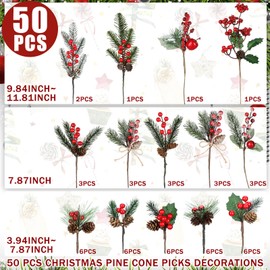 Zeyune 50 Pieces Christmas Floral Picks Christmas Artificial Snowy Red Berry Picks Stems Small Faux Faux Cedar Pine Needles Branche with Pinecones for Floral Arrangement Wreath Garland Greenery