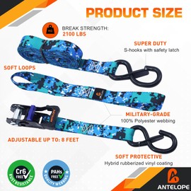 A ANTELOPE Ratchet Tie Down Straps, 4 Pack of 15', 2,100LBS Breaking Strength, Rubber Handles, Coated Metal Safety Lock S Hooks, 2 Bungee Cords for Motorcycle, Truck Cargo(Blue)