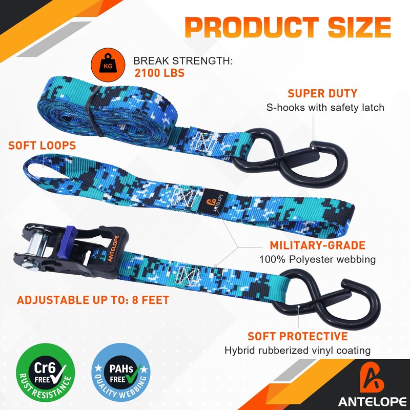 A ANTELOPE Ratchet Tie Down Straps, 4 Pack of 15',