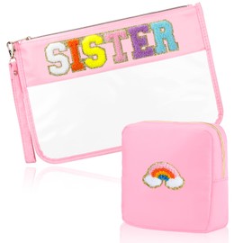 BuyCard 2 Pcs Big Sister Gift Chenille Letter Bags for Travel Preppy Patch Makeup Bag Zipper Nylon &PVC Waterproof Cosmetic Bag Sister Organizer Pouch Toiletry Bag Sister Gifts for Sis Women Friends