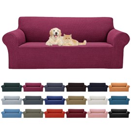 2024 Newest Stretch Sofa Slipcovers Couch Cover for 3 Cushion Furniture Protector Sofa Covers with Elastic Bottom Jacquard Fabric Small Checks for Pets, Kids -Sofa, Wine
